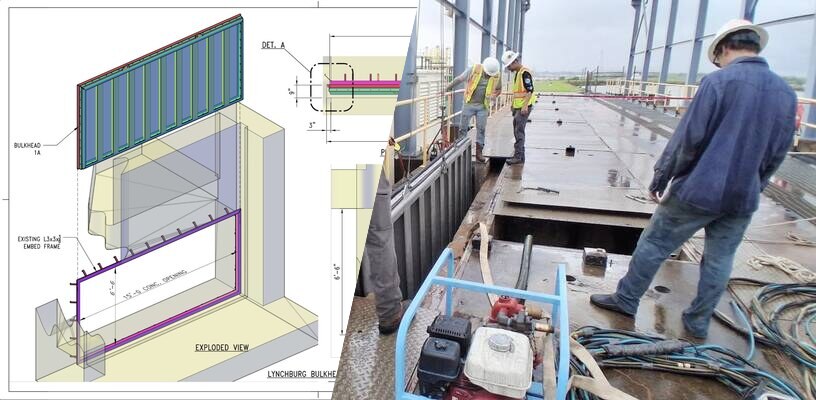 Fabrication drawing and finished stainless steel bulkhead at the Lynchburg, Texas pump station.